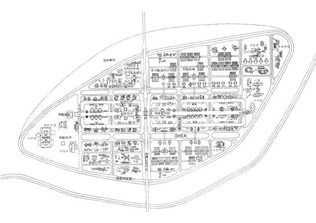 1968년 김수근이 입안한 초기 여의도 도시계획도. 오른쪽에 있는 대법원지구와 시청지구 절반정도의 땅에 여의시범아파트가 준공됐다. /서울역사아카이브