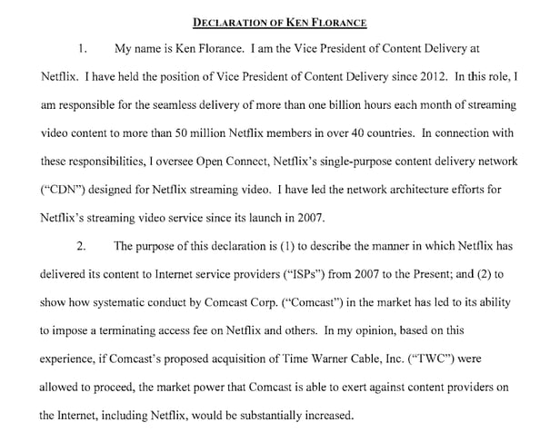 켄 플로렌스 넷플릭스 전송부문 부사장이 2014년 8월 FCC에 제출한 의견서. 컴캐스트에 착신망 이용대가를 지급하고 있다는 내용이 담겨 있다. /구글 캡쳐